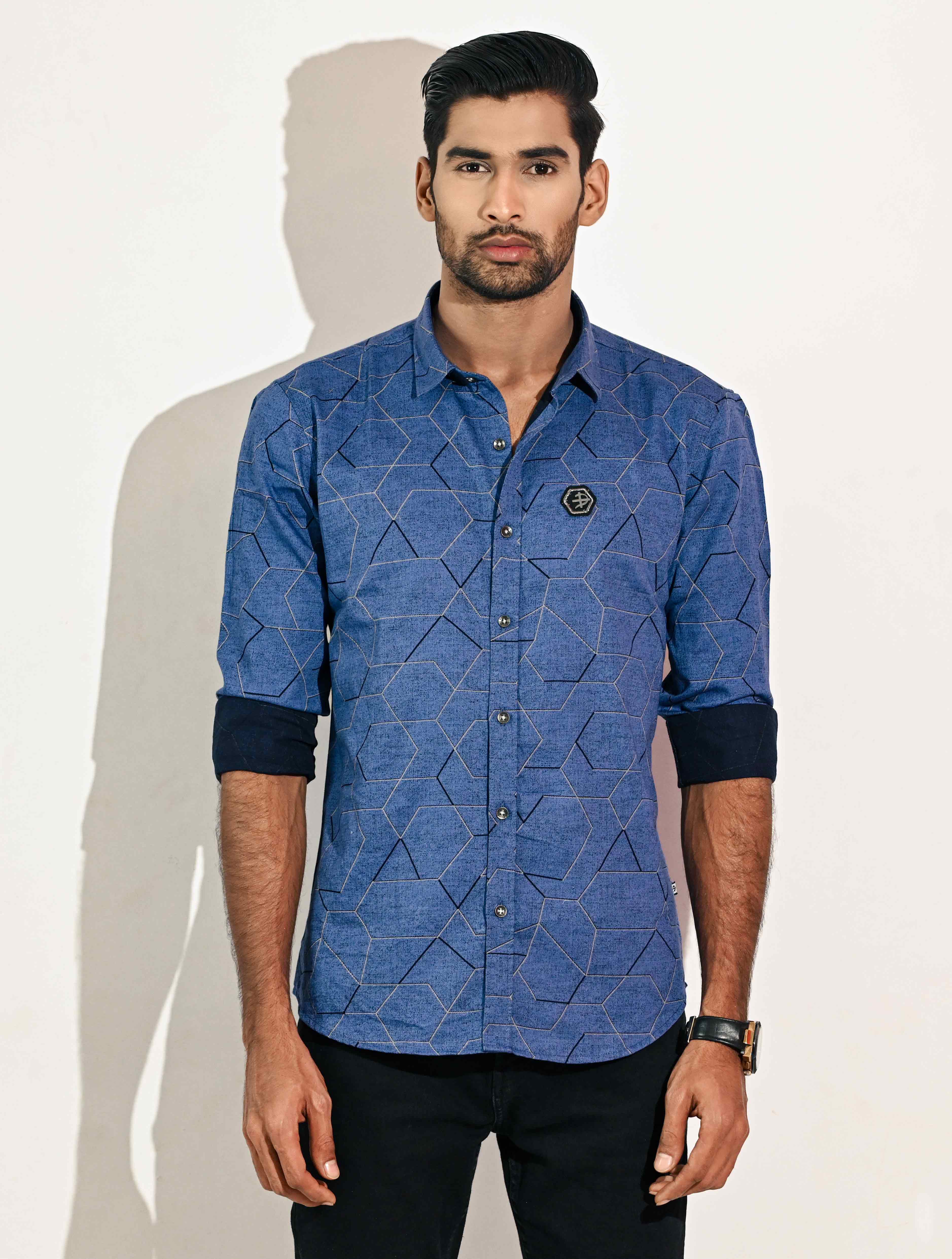 Blue Pattern Printed Shirt For Men