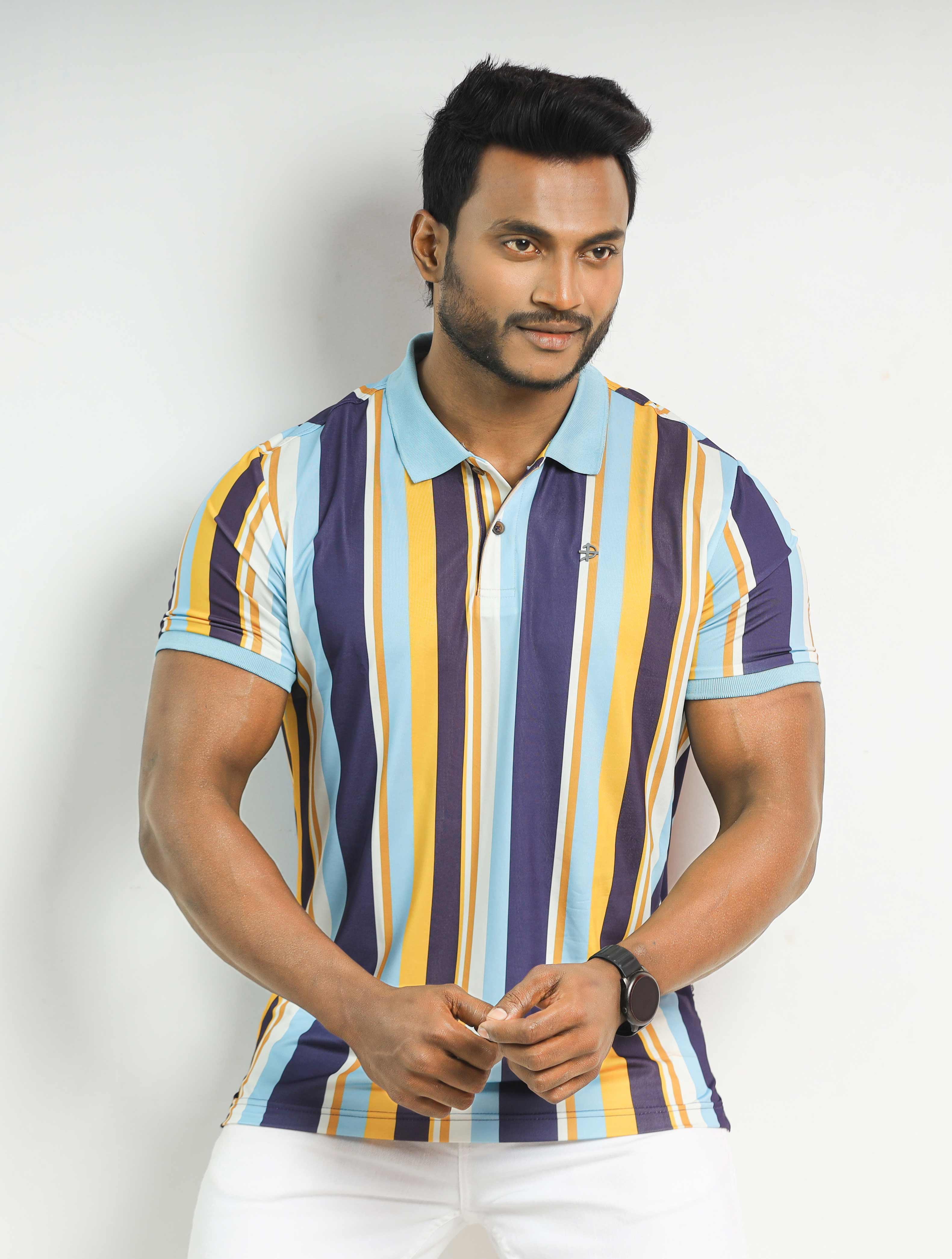 Multicolor Strip Printed Polo Shirt For Men