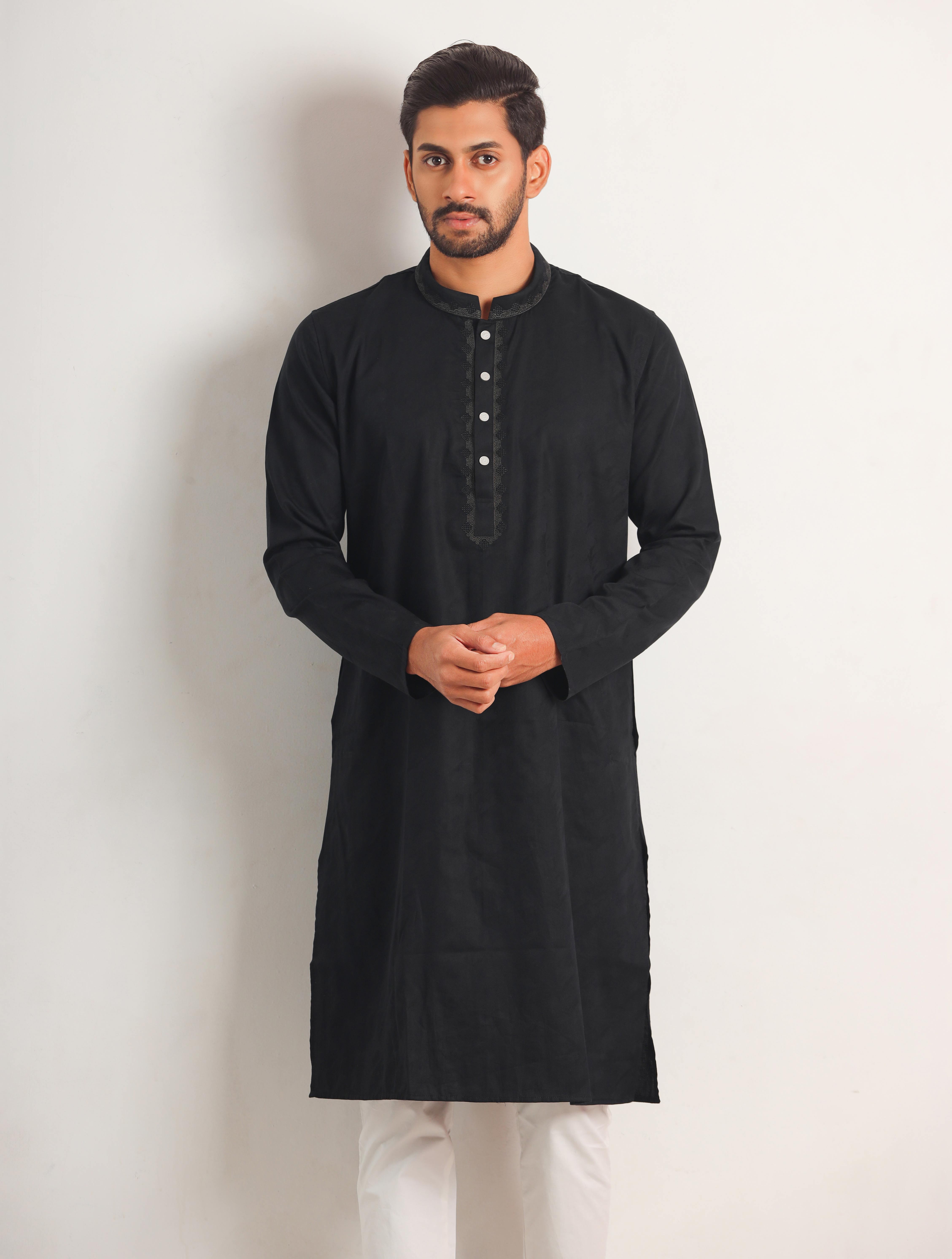 Textured Black Eid Panjabi With Embroidery On Neck