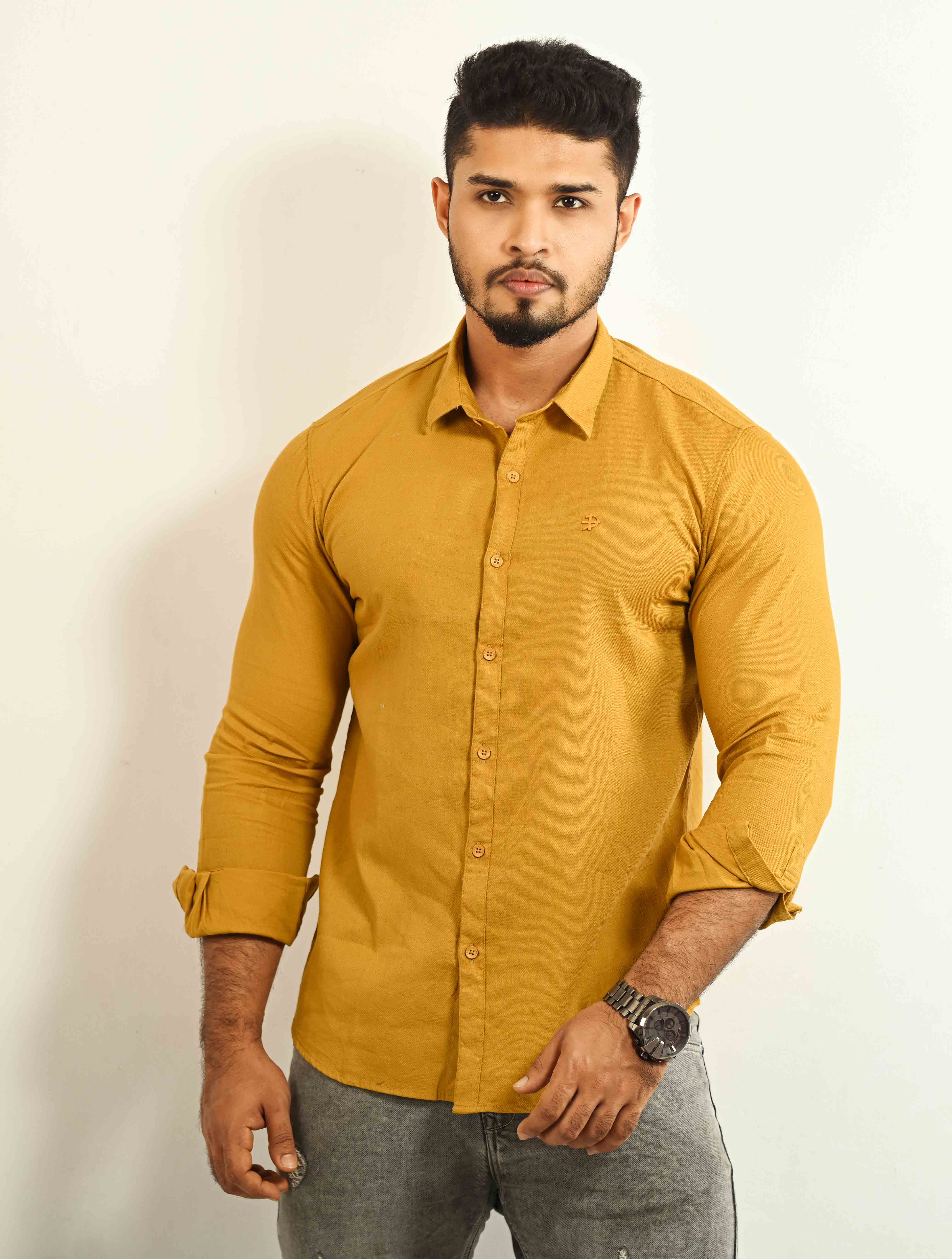 Solid Mustered Yellow Casual Shirt For Men